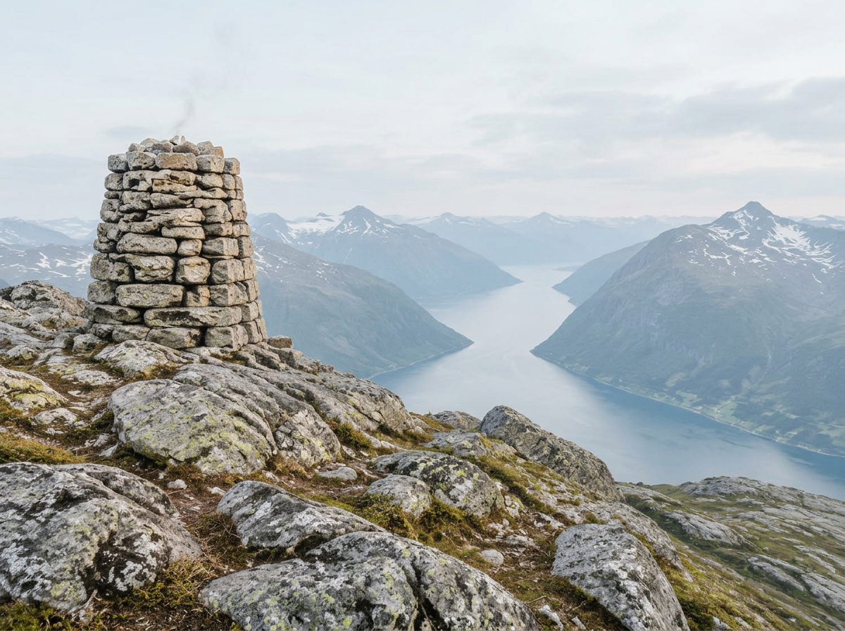 Varde med bål på en nordisk fjelltopp, signaler over fjordene